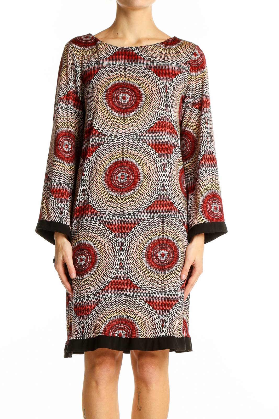 Red Circular Pattern Shift Dress Front