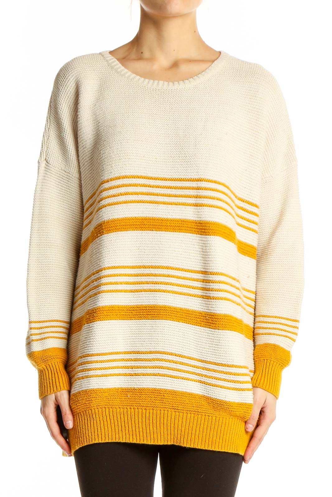 Cream and Yellow Striped Oversized Sweater Front