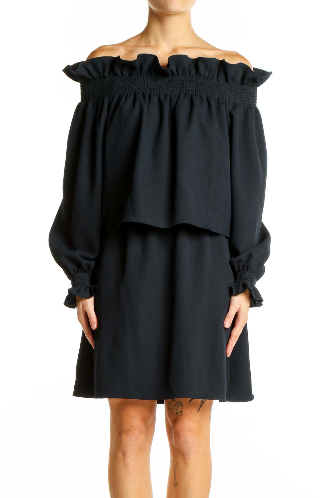 Black Off-Shoulder Ruffled Mini Dress Front