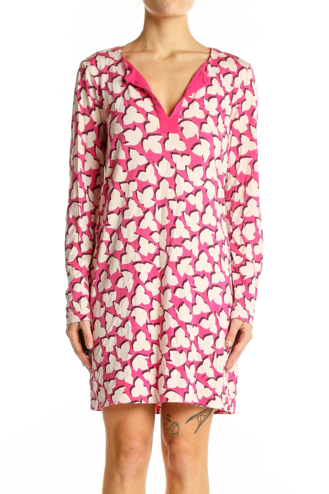 Pink Heart Print Long Sleeve Dress Front