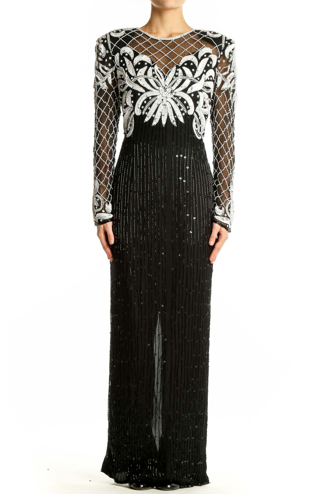 Black and White Embellished Silk Gown Front