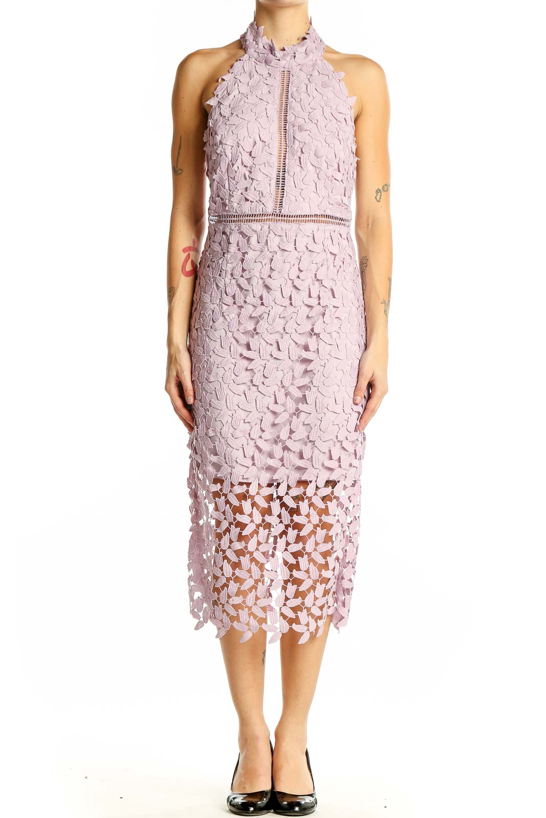 Pink Lace Halter Midi Dress Front