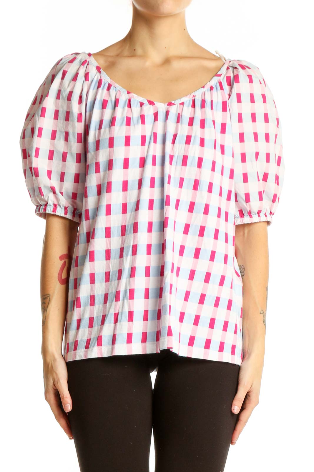 Pink and White Checkered Puff Sleeve Top Front