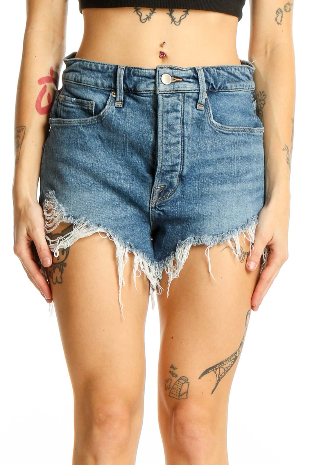 Blue Distressed Denim Cutoff Shorts Front