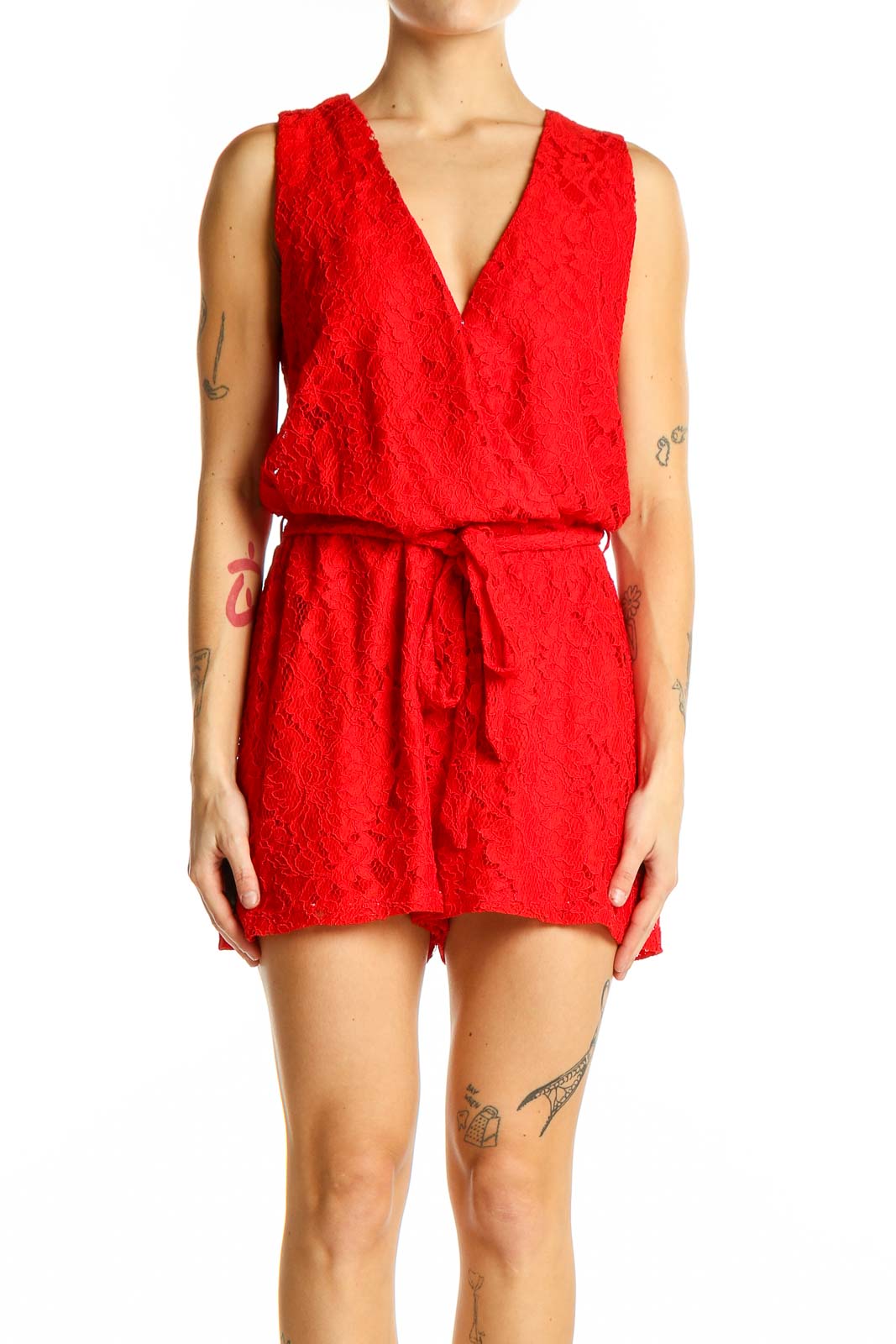 Red Lace Sleeveless Romper Front