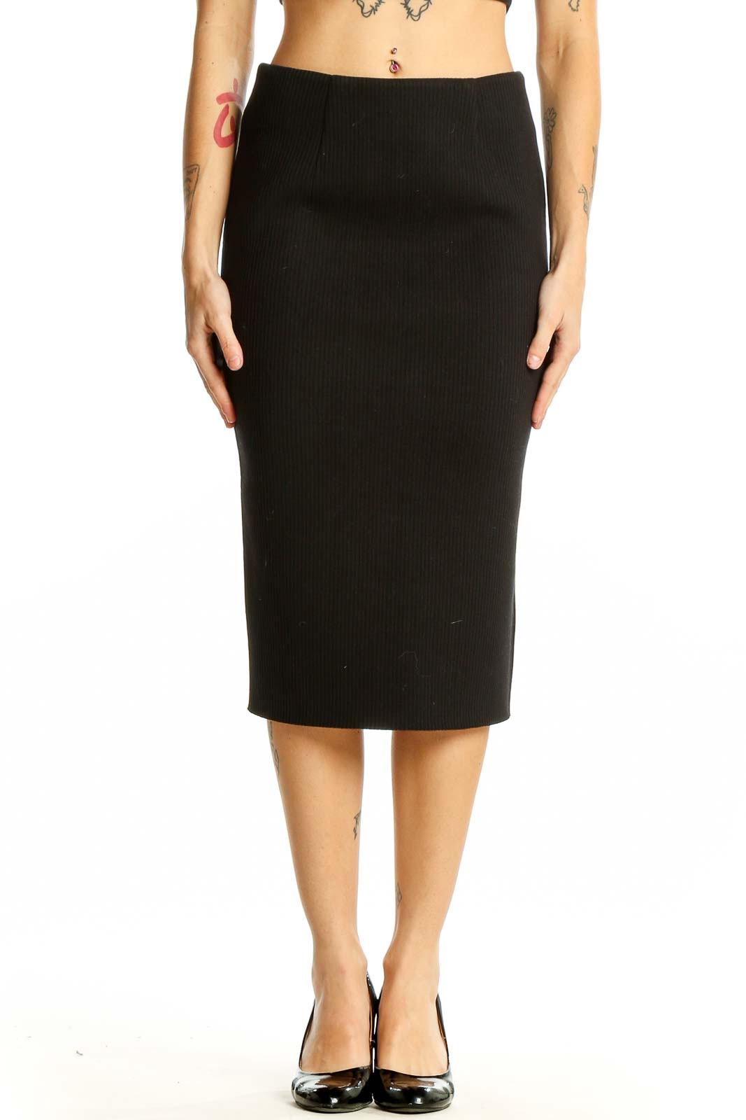 Black Ribbed Midi Pencil Skirt Front