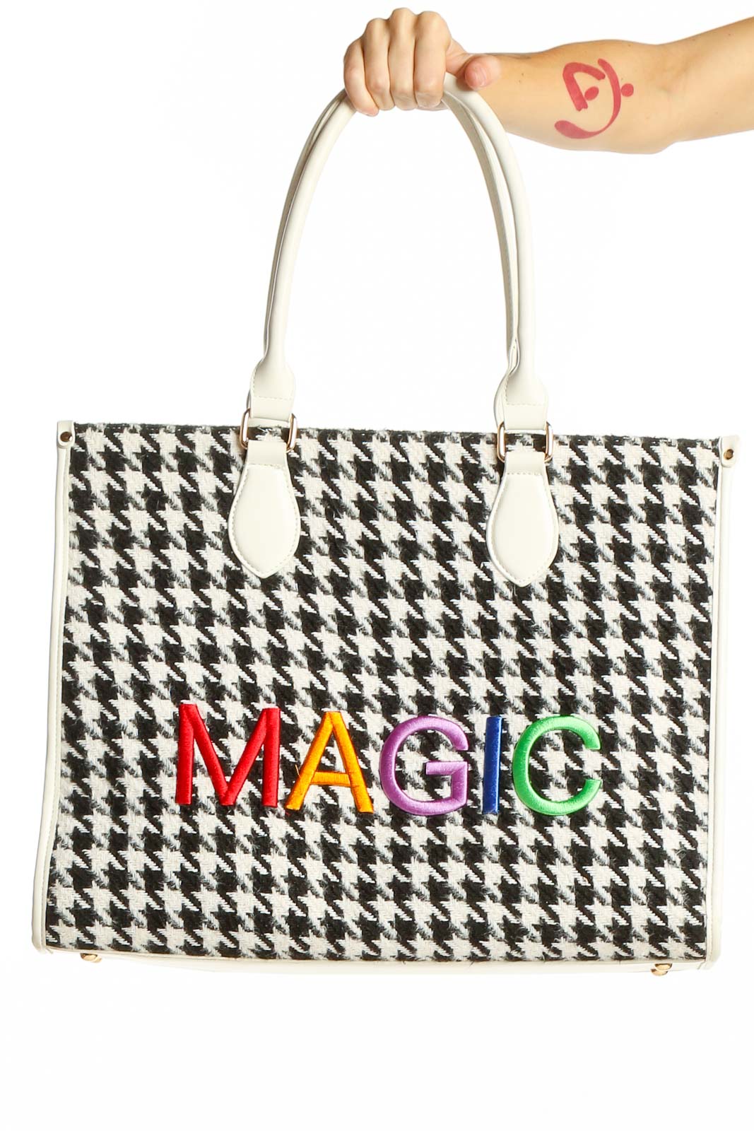 Black and White Houndstooth Tote Bag Front