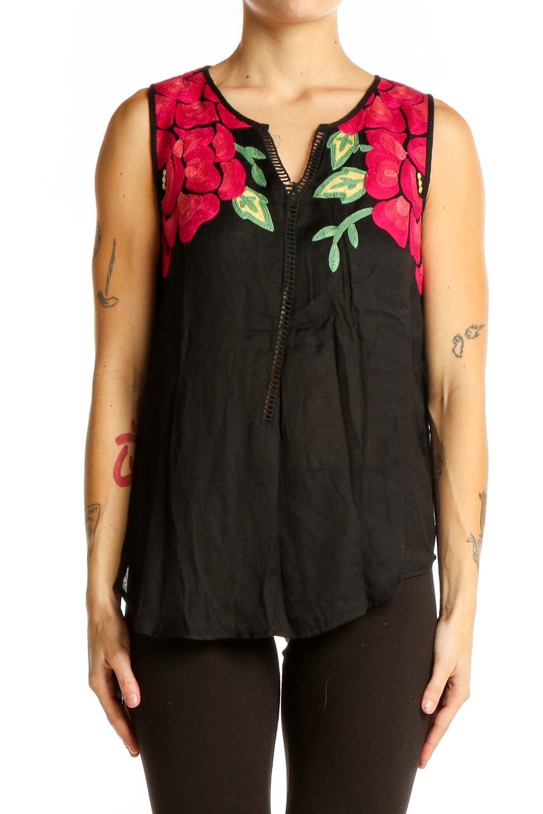 Black Floral Embroidered Sleeveless Top Front
