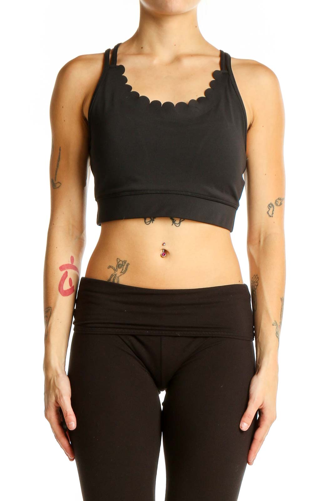 Black Scalloped Edge Crop Top Front
