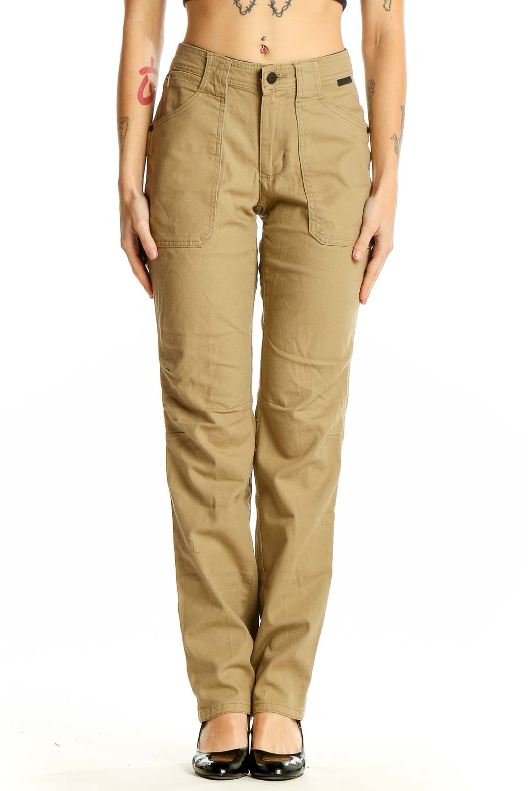 Khaki Cotton Blend Straight Leg Pants Front