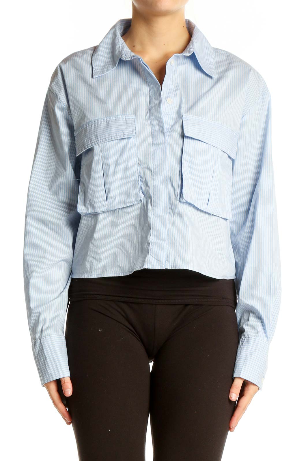 Light Blue Striped Cropped Button-Up Shirt Front