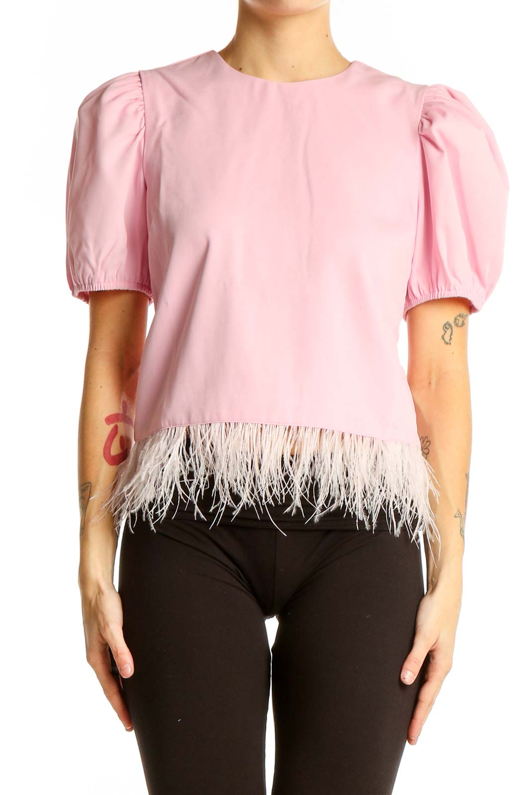 Pink Puff-Sleeve Feather-Trim Top Front