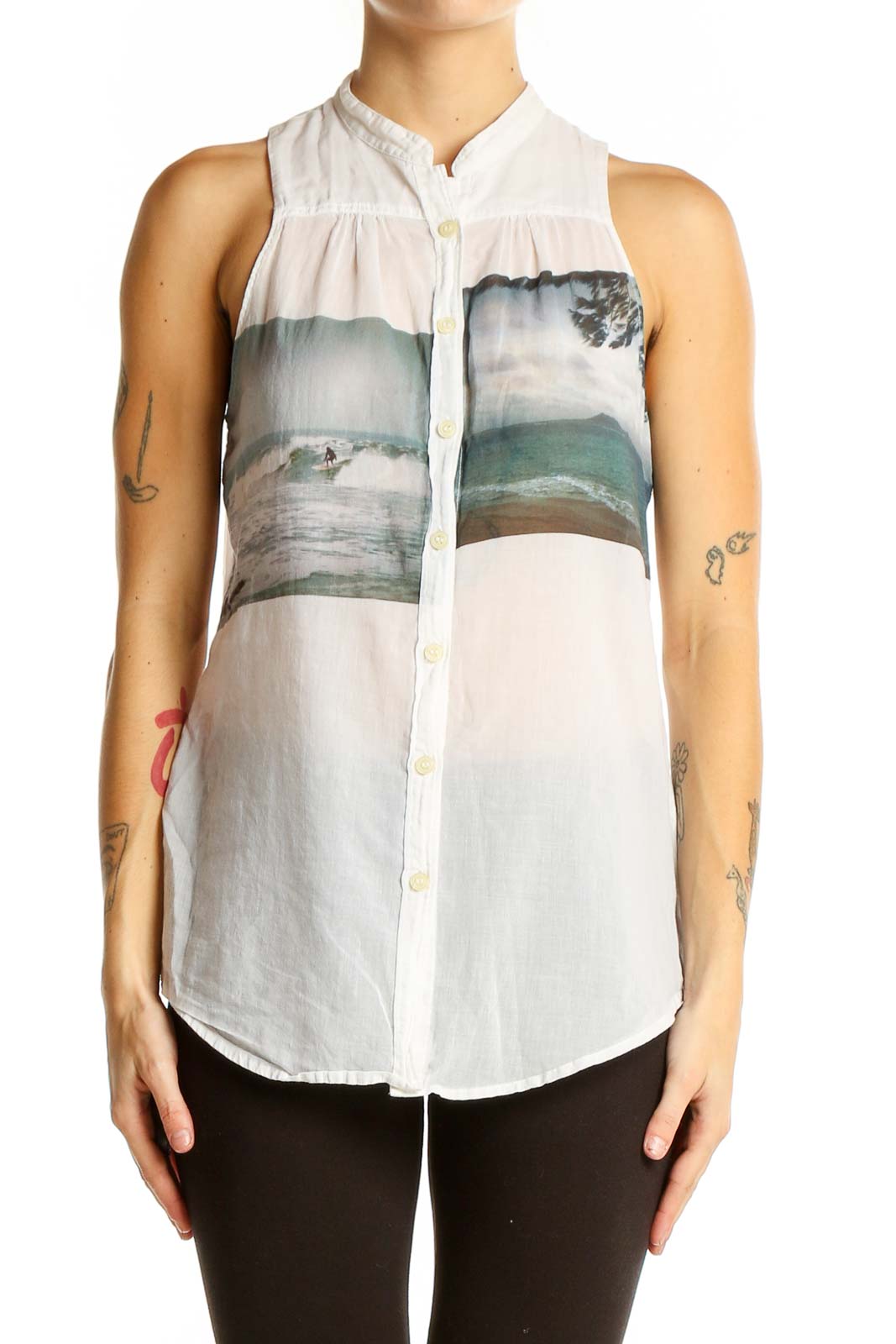 White Cotton Sleeveless Beach Scene Blouse Front