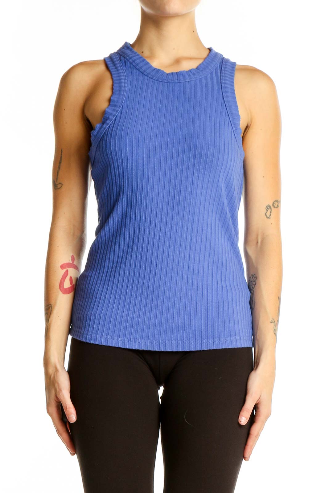 Blue Ribbed Athletic Tank Top Front