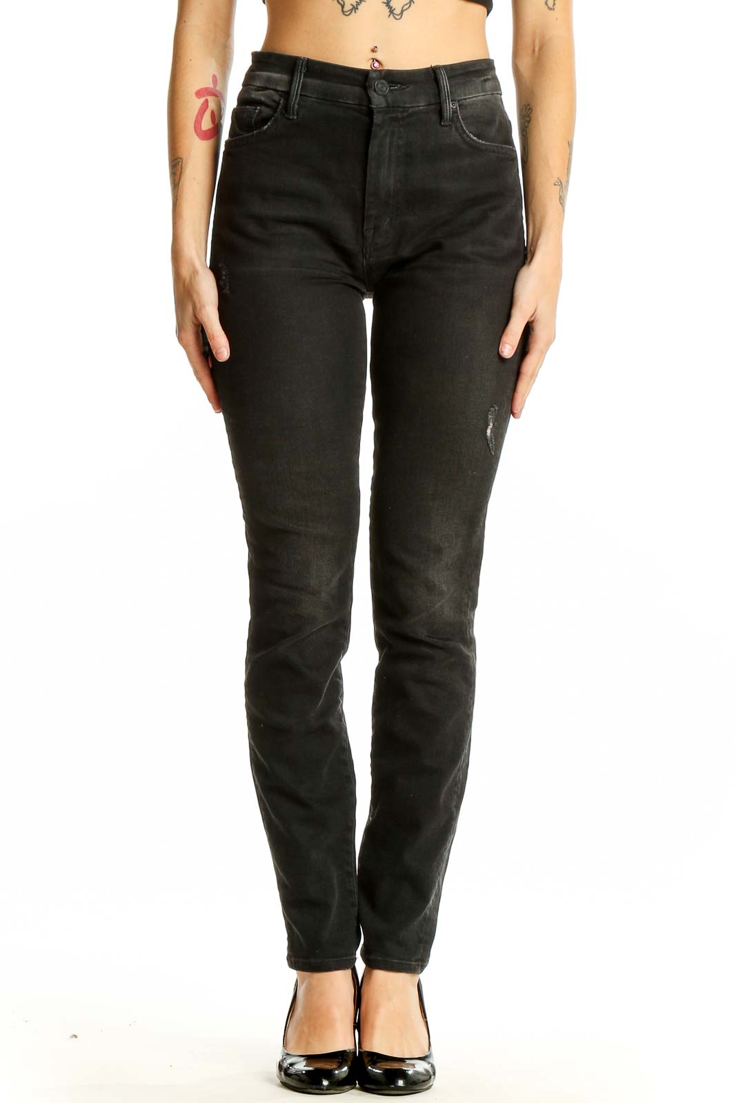 Black Distressed Straight Leg Jeans Front