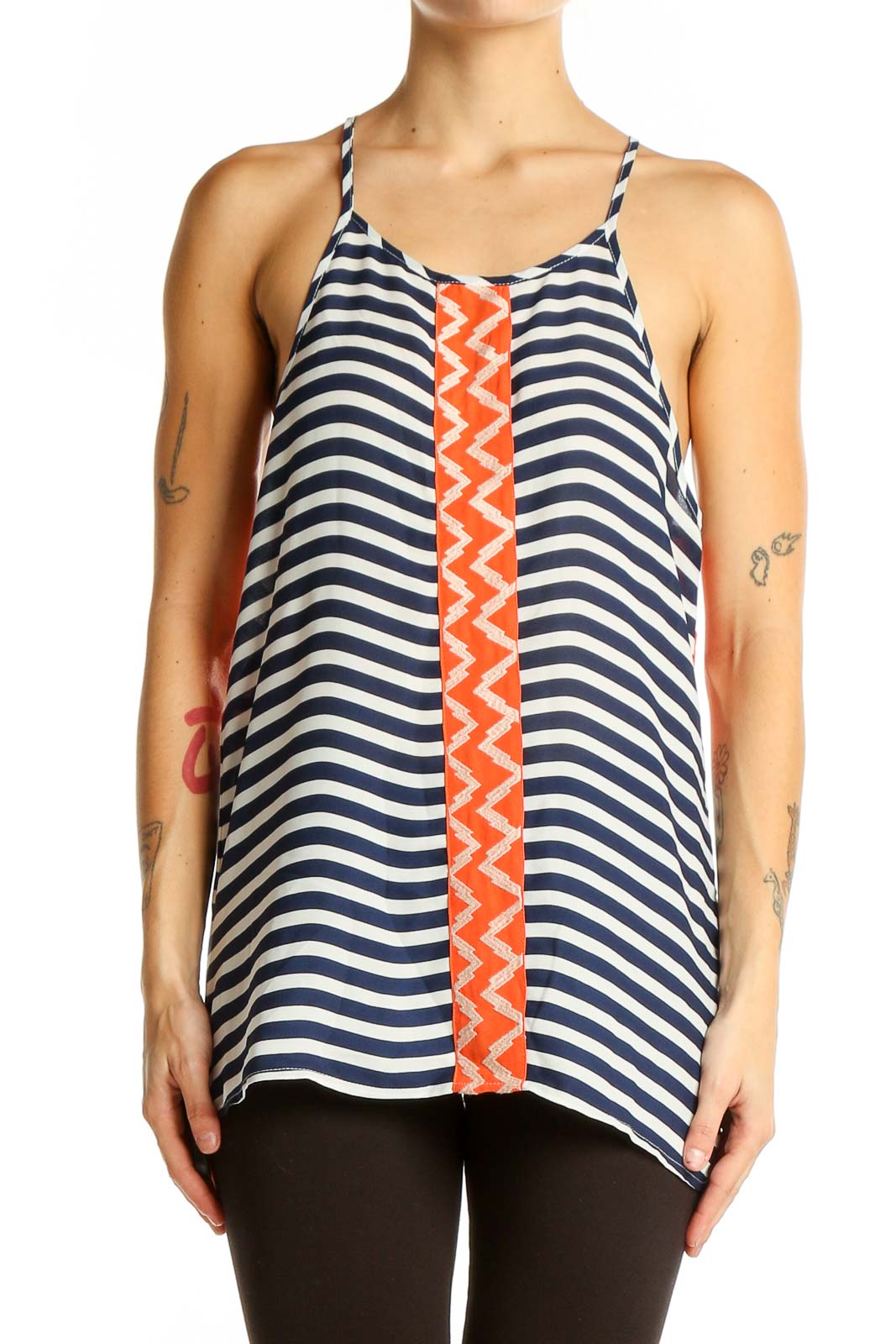 Navy Striped Sleeveless Top with Orange Accent Front