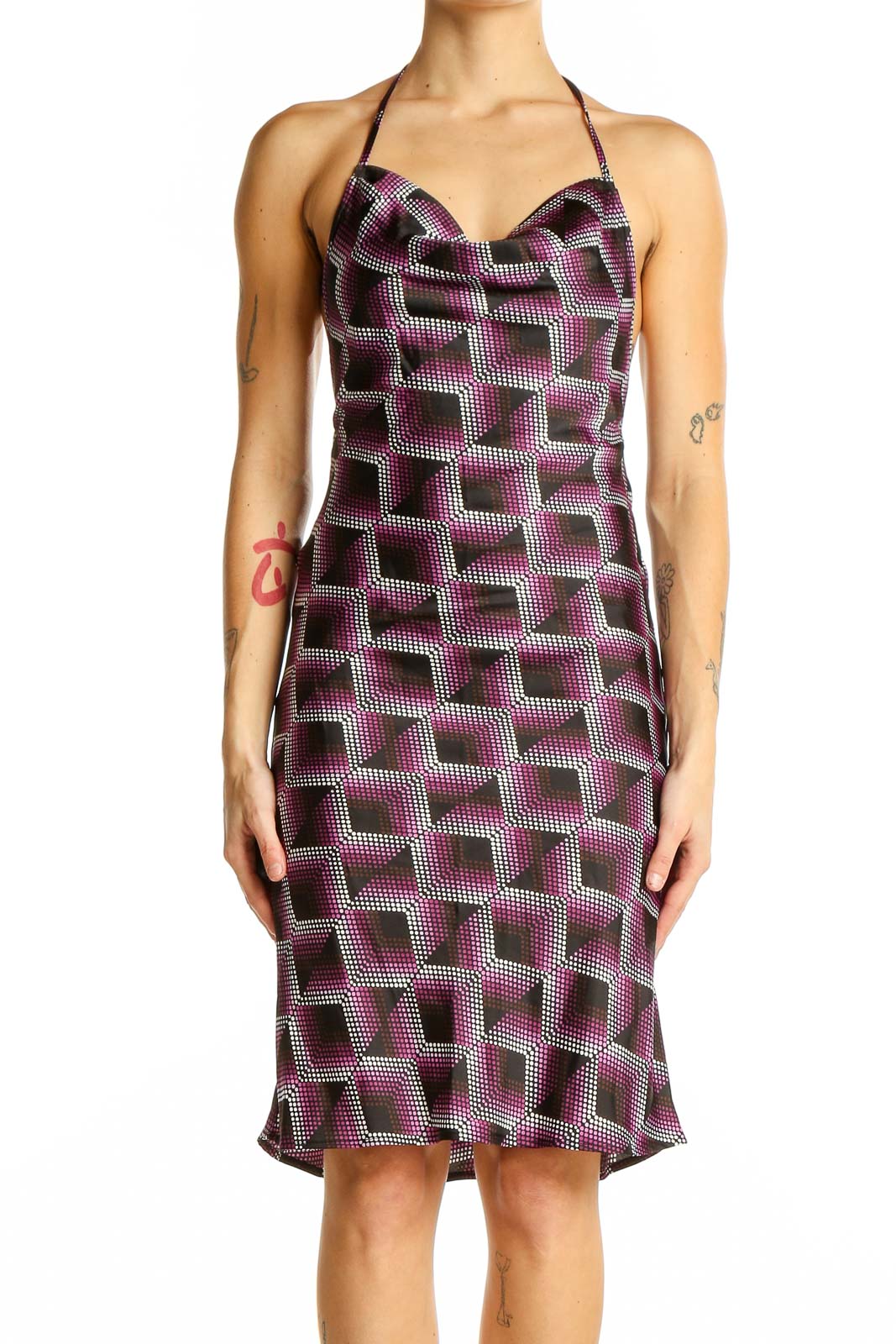 Purple Geometric Print Halter Dress Front