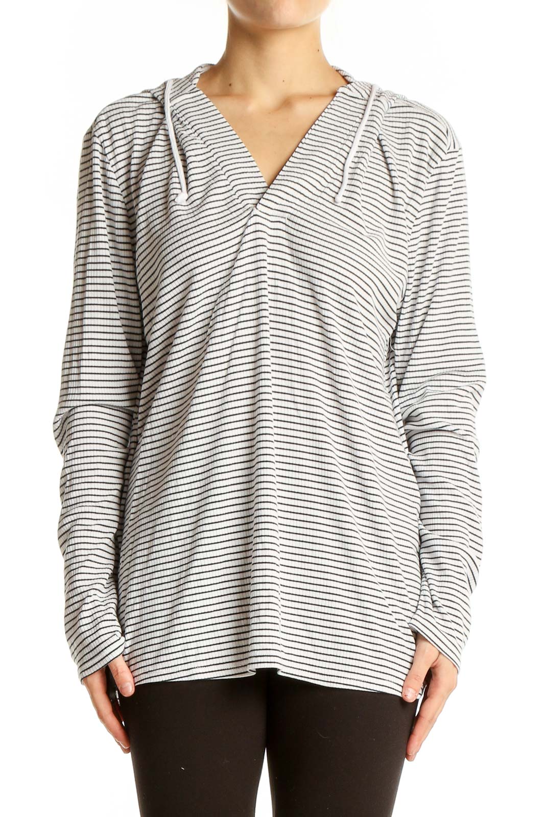 White and Gray Striped Hooded Knit Top Front