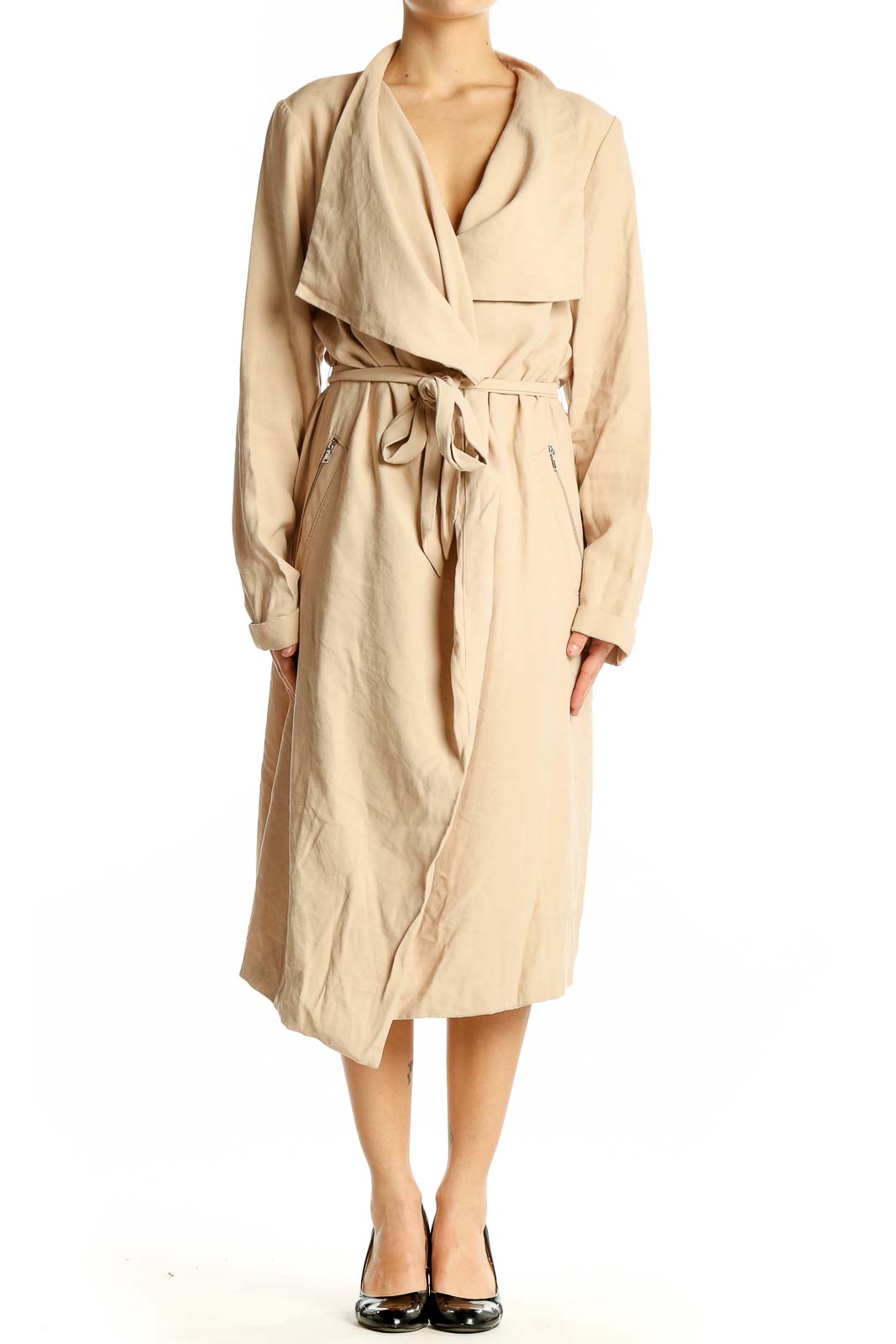 Beige Belted Trench Coat Front