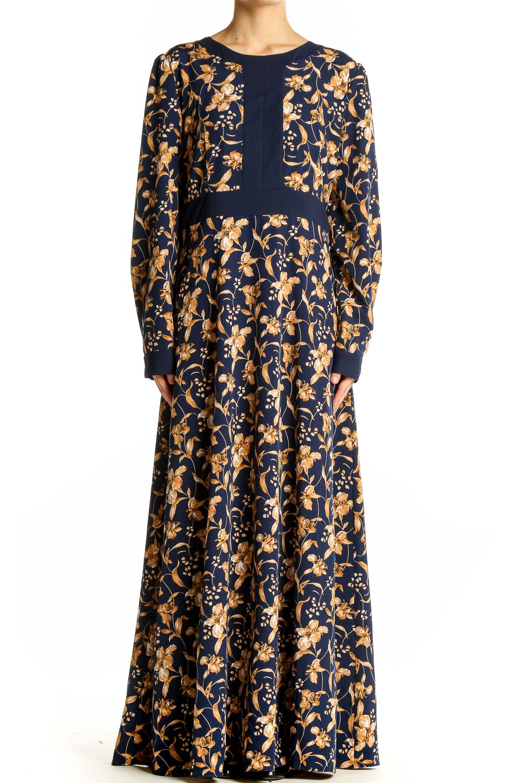 Navy Floral Long Sleeve Maxi Dress Front