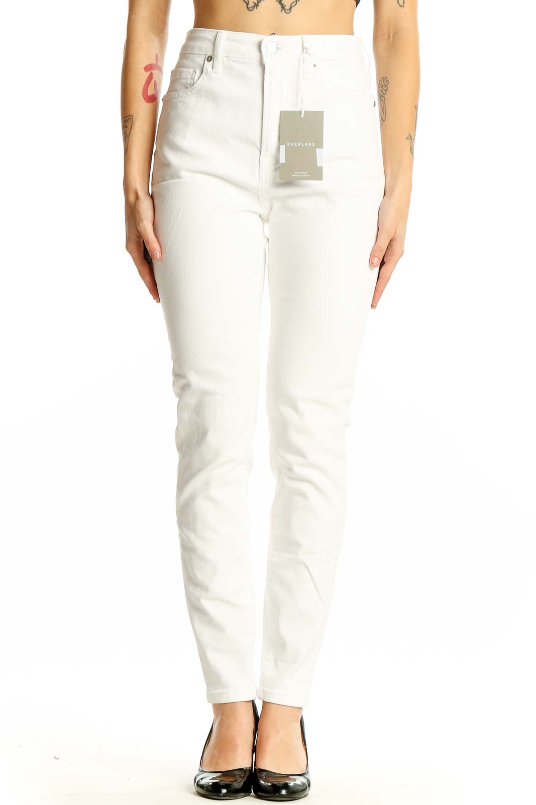 White High-Waisted Slim Fit Jeans Front
