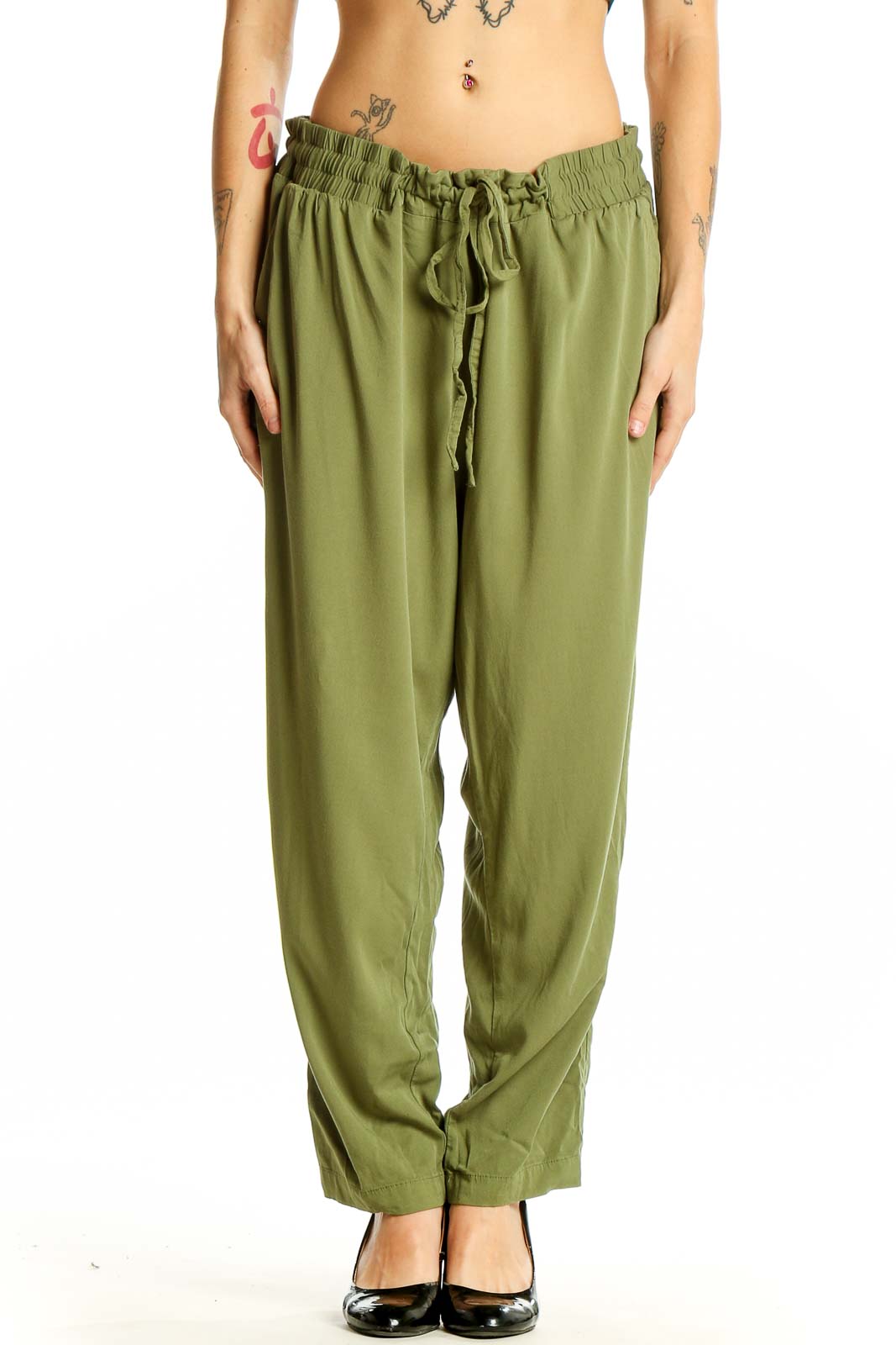 Olive Green Relaxed Drawstring Pants Front
