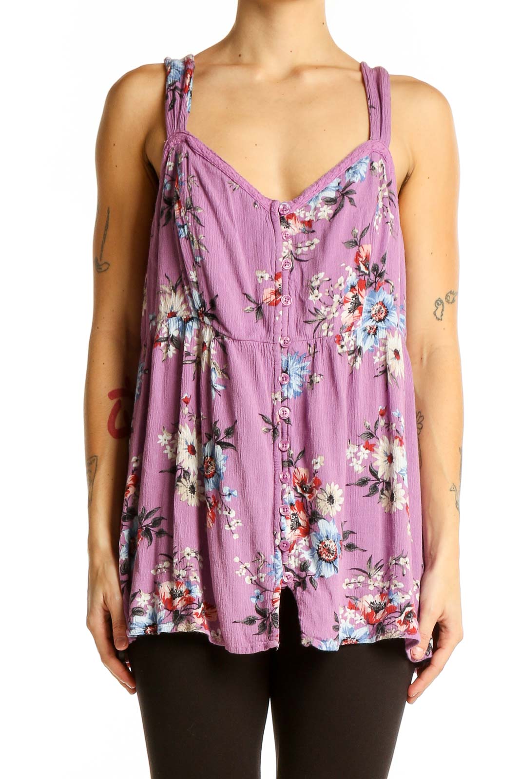 Purple Floral Button-Front Tank Top Front