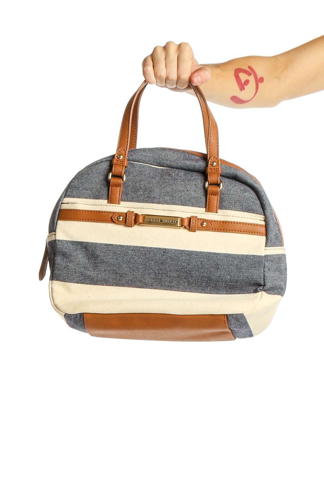Gray and White Striped Satchel Front