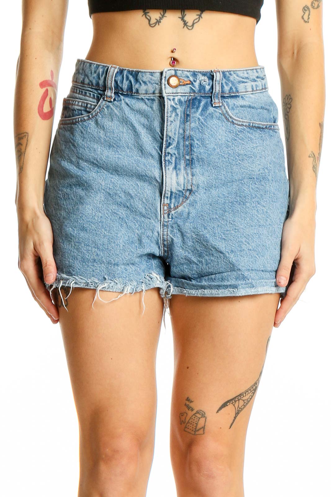 Light Blue Distressed Denim Shorts Front