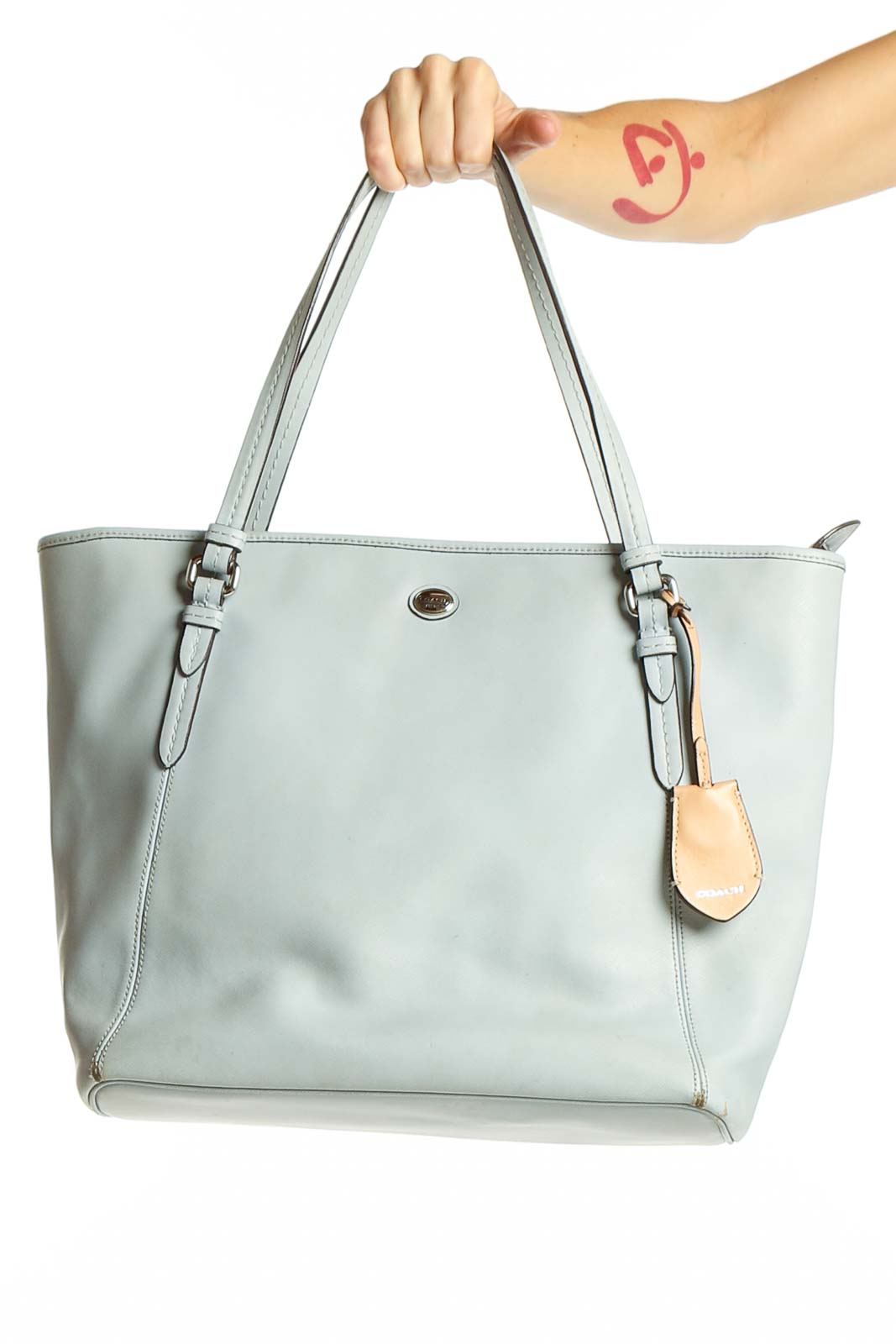 Light Blue Leather Tote Bag Front