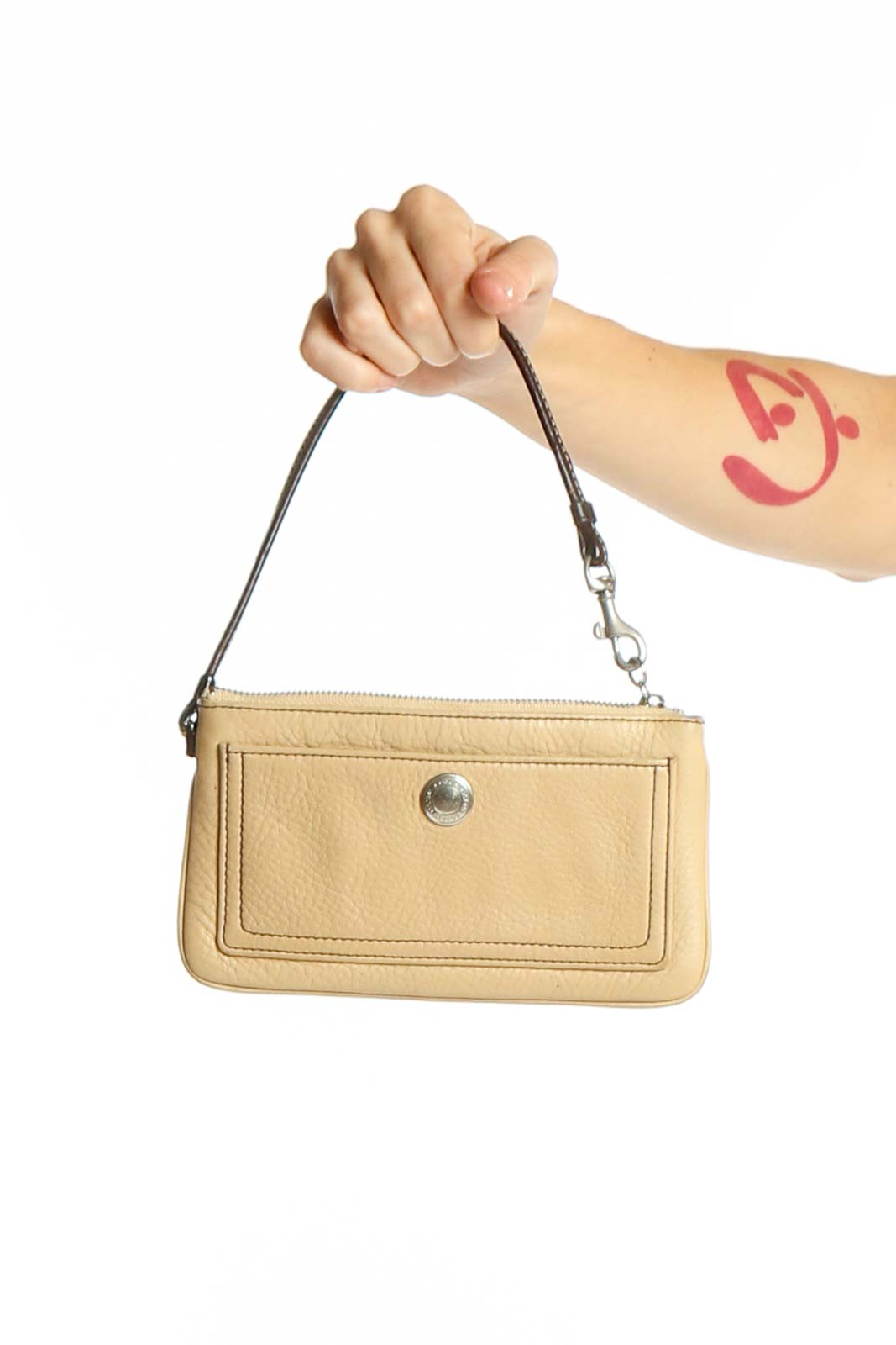 Beige Leather Wristlet Clutch Front