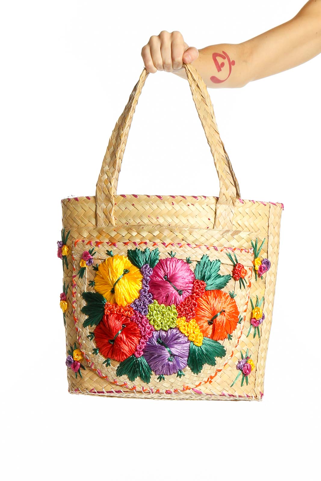 Natural Woven Floral Embroidered Tote Bag Front