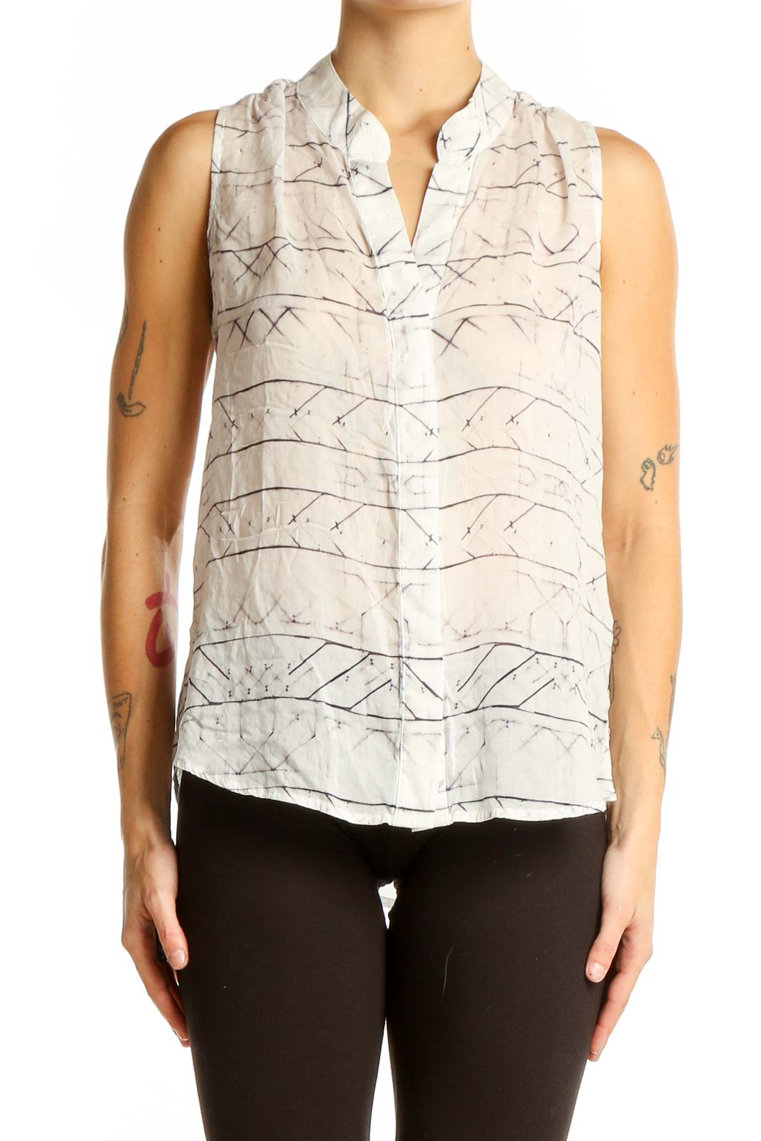 White Abstract Pattern Sleeveless Blouse Front