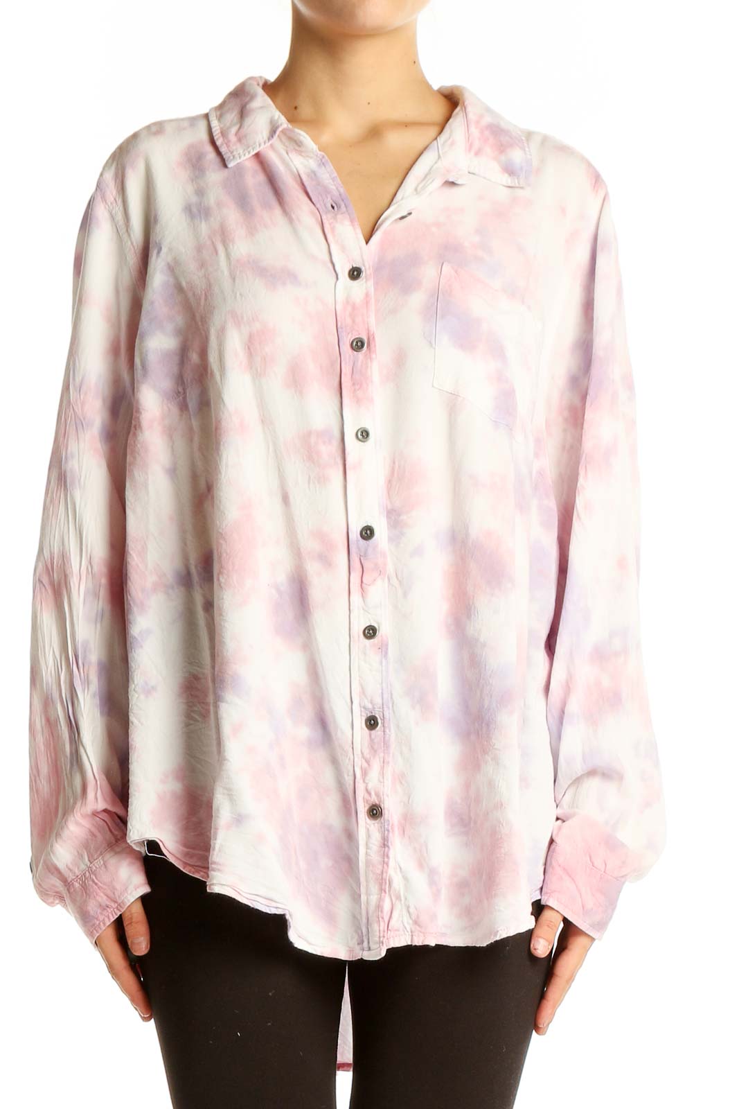 Pink Tie-Dye Button-Up Rayon Shirt Front