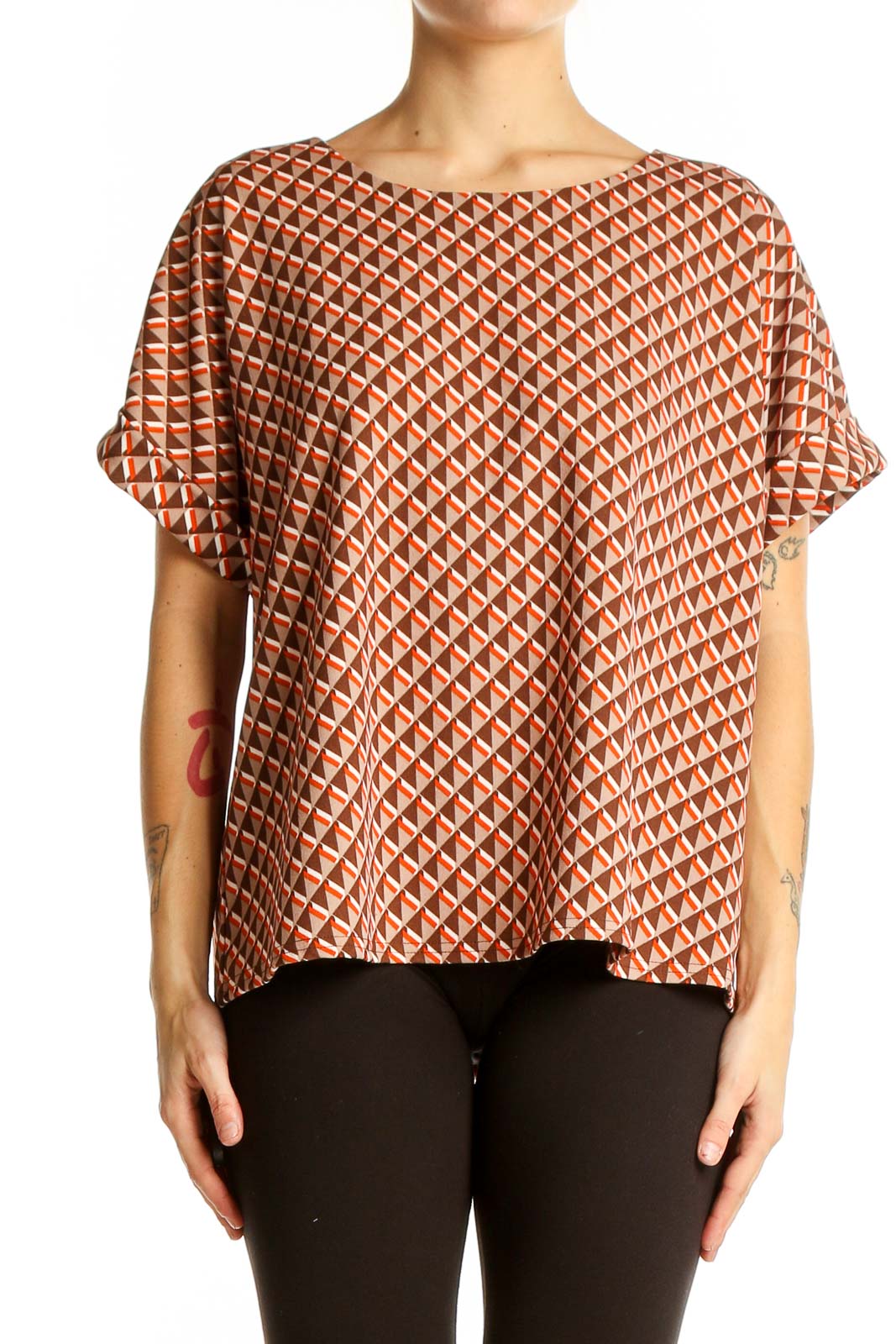 Orange Geometric Print Short Sleeve Blouse Front