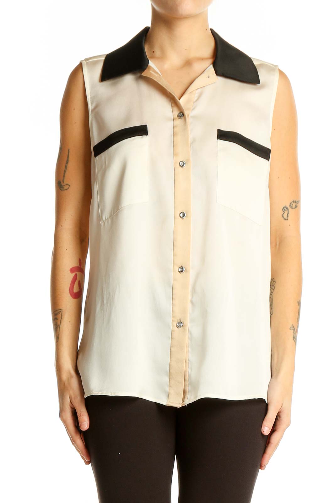 Cream Sleeveless Button-Up Blouse Front