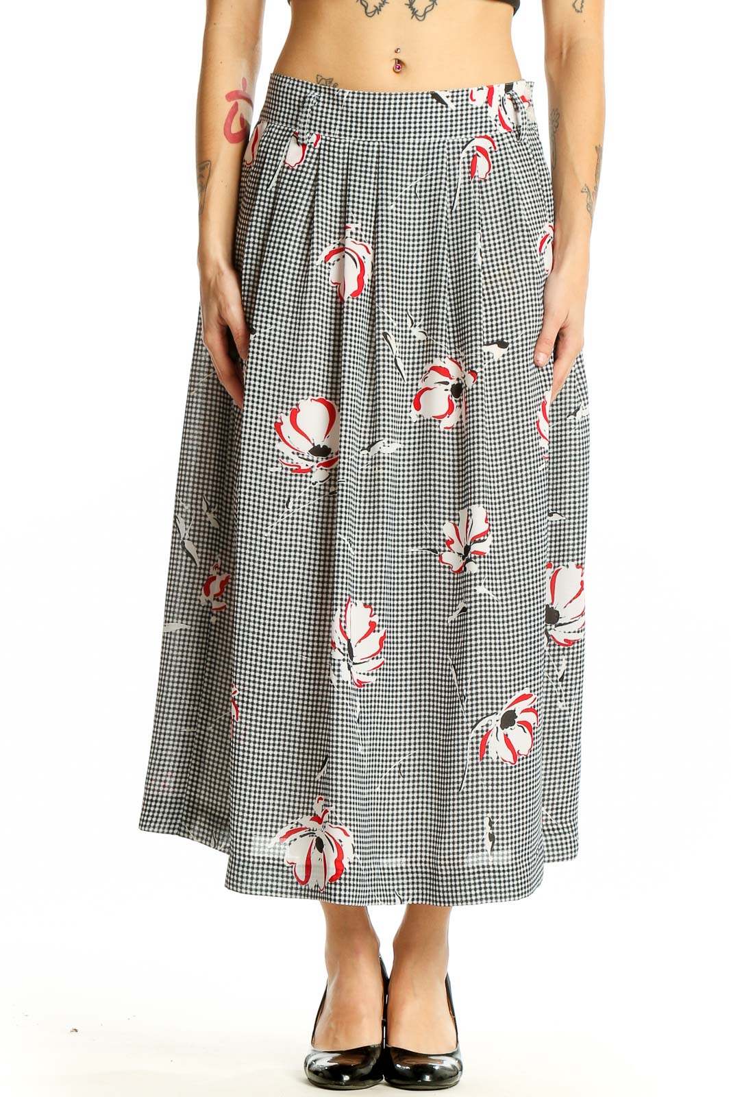Black and White Gingham Floral Midi Skirt Front