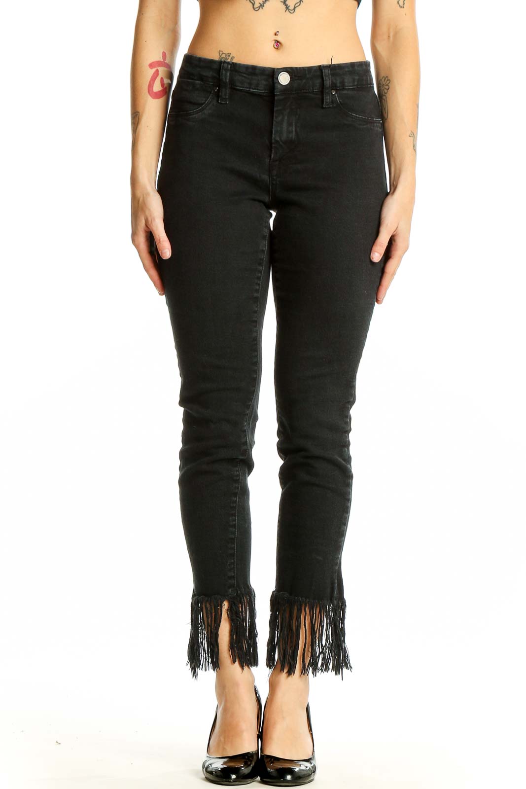 Black Fringe-Hem Skinny Jeans Front