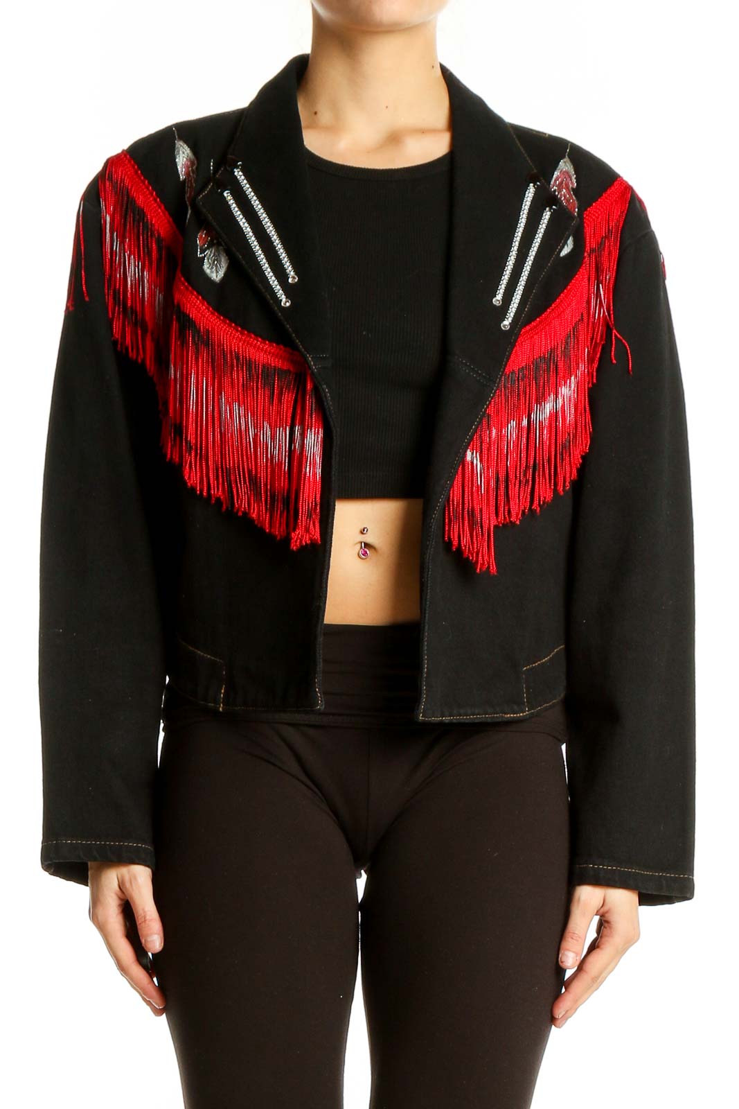 Black Denim Jacket with Red Fringe Front