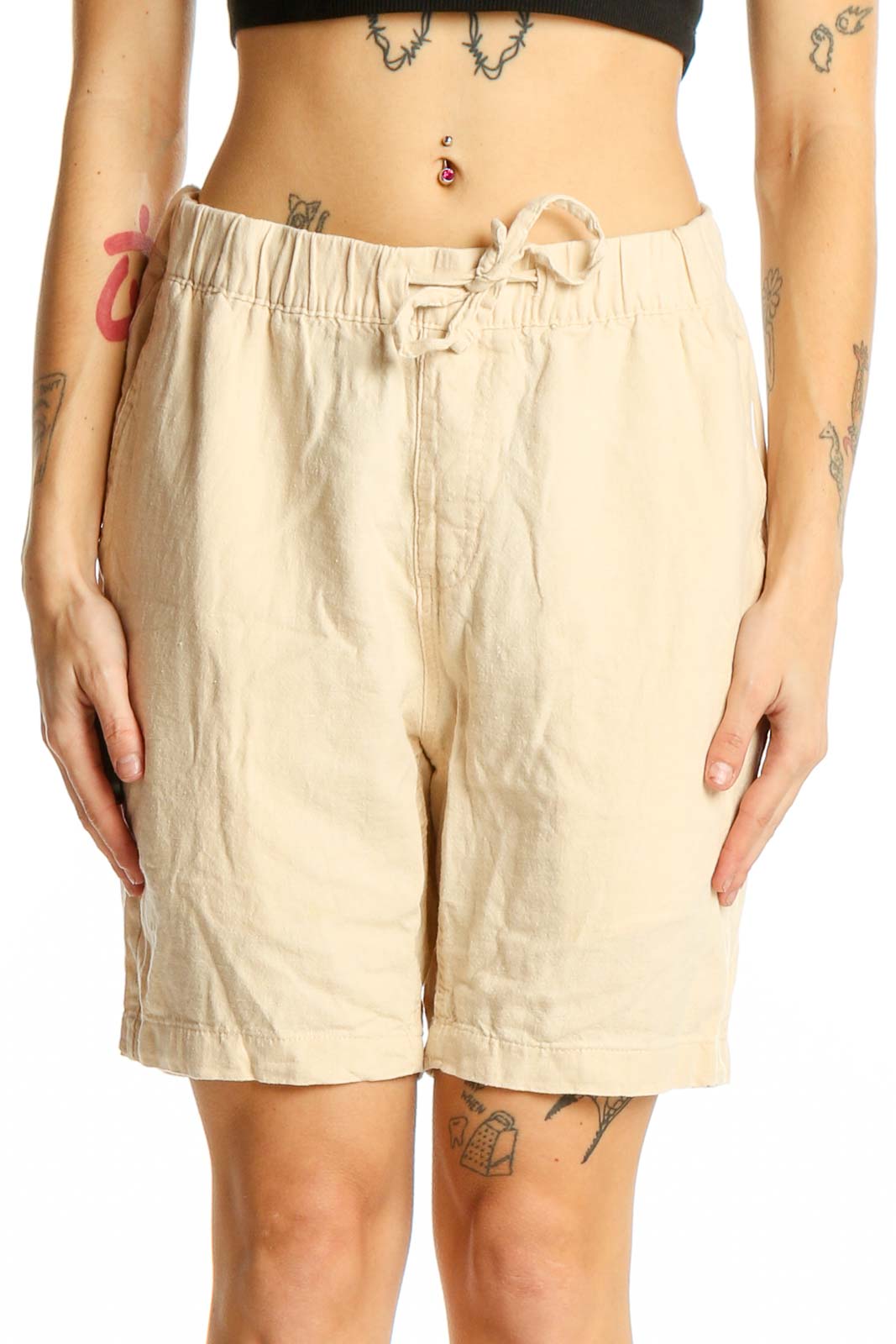 Beige Linen-Blend Drawstring Shorts Front
