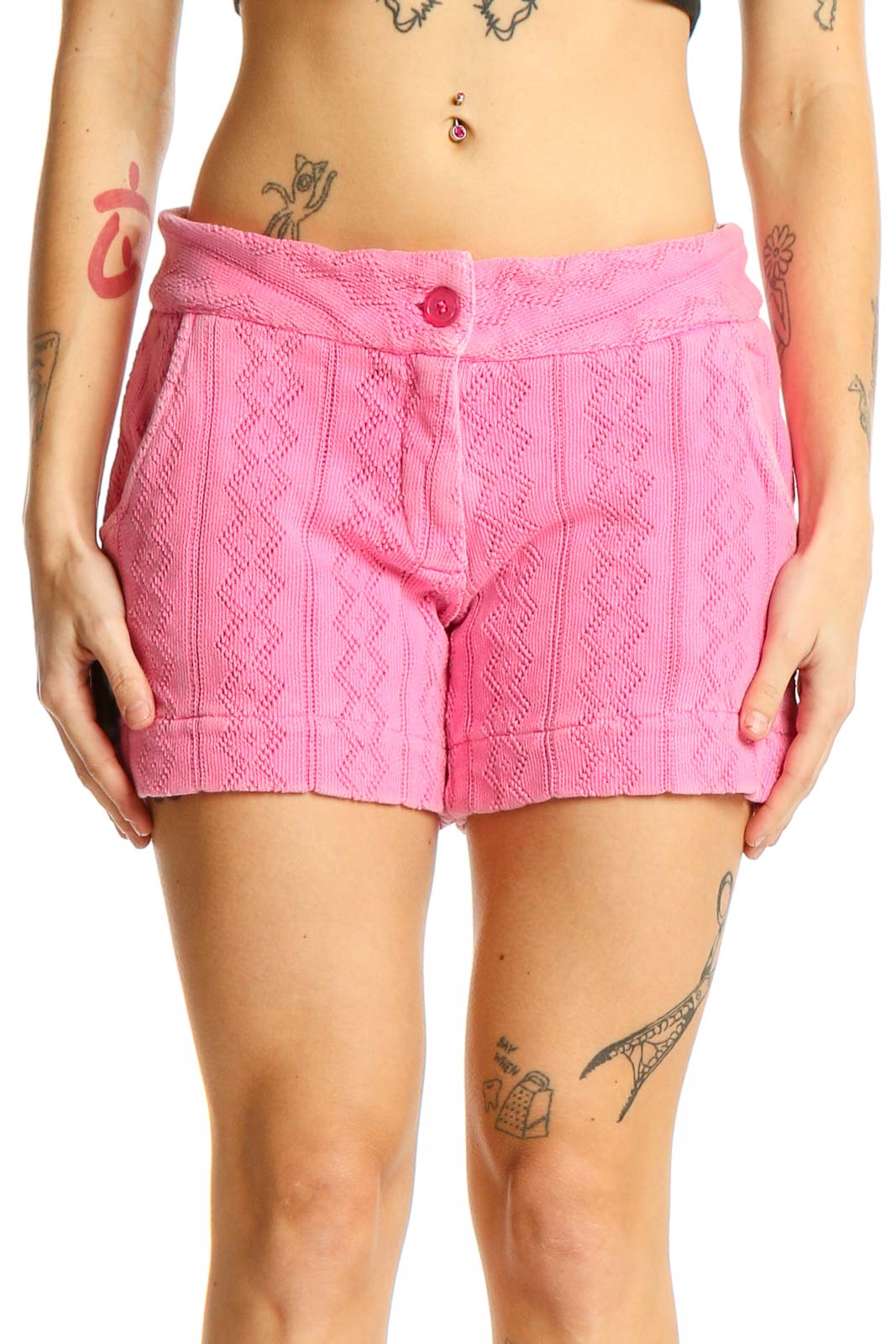 Pink Textured Cotton Shorts Front