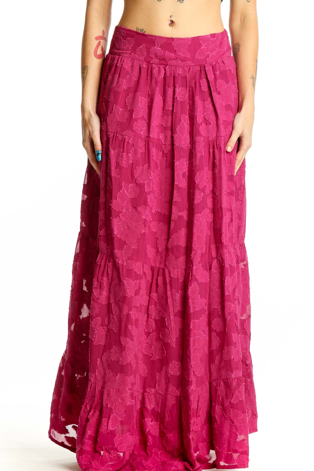 Fuchsia Floral Lace Maxi Skirt Front
