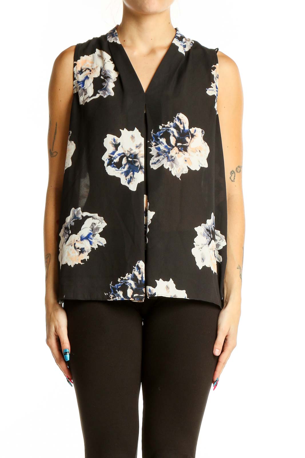 Black Floral Sleeveless V-Neck Blouse Front