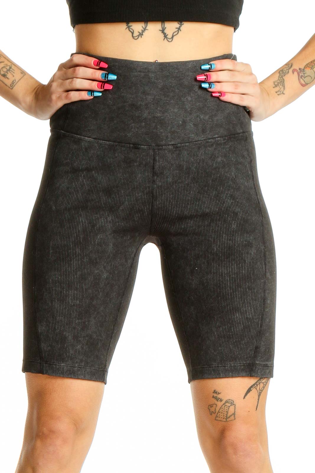 Charcoal Ribbed High-Waist Biker Shorts Front