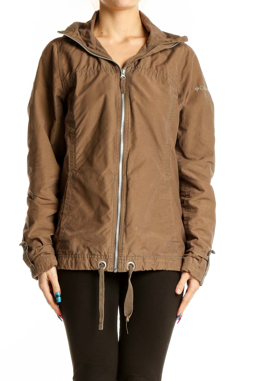 Brown Cotton-Nylon Zip-Up Utility Jacket Front
