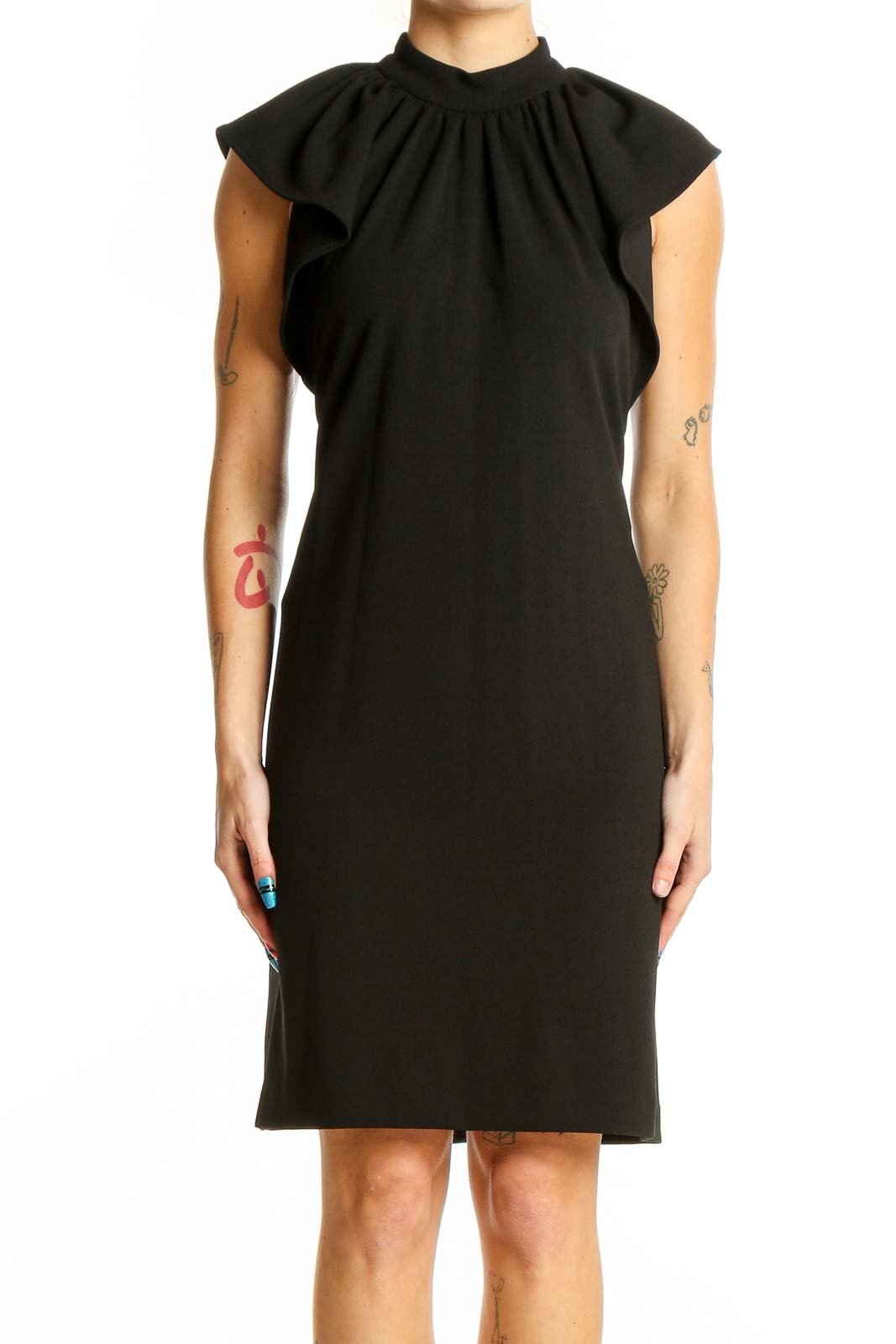 Black Elegant Ruched Neck Sheath Dress Front