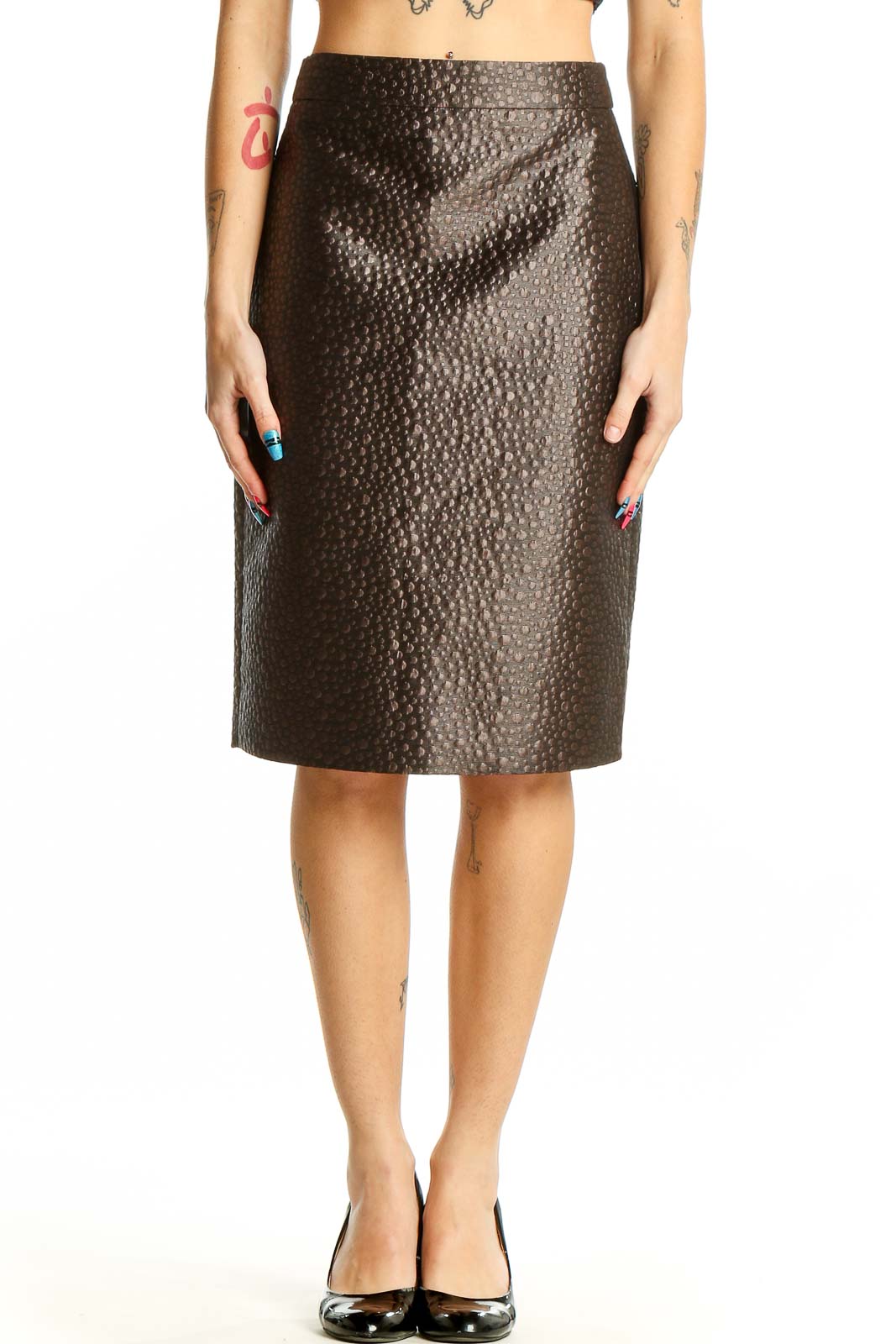 Brown Textured Pencil Skirt Front