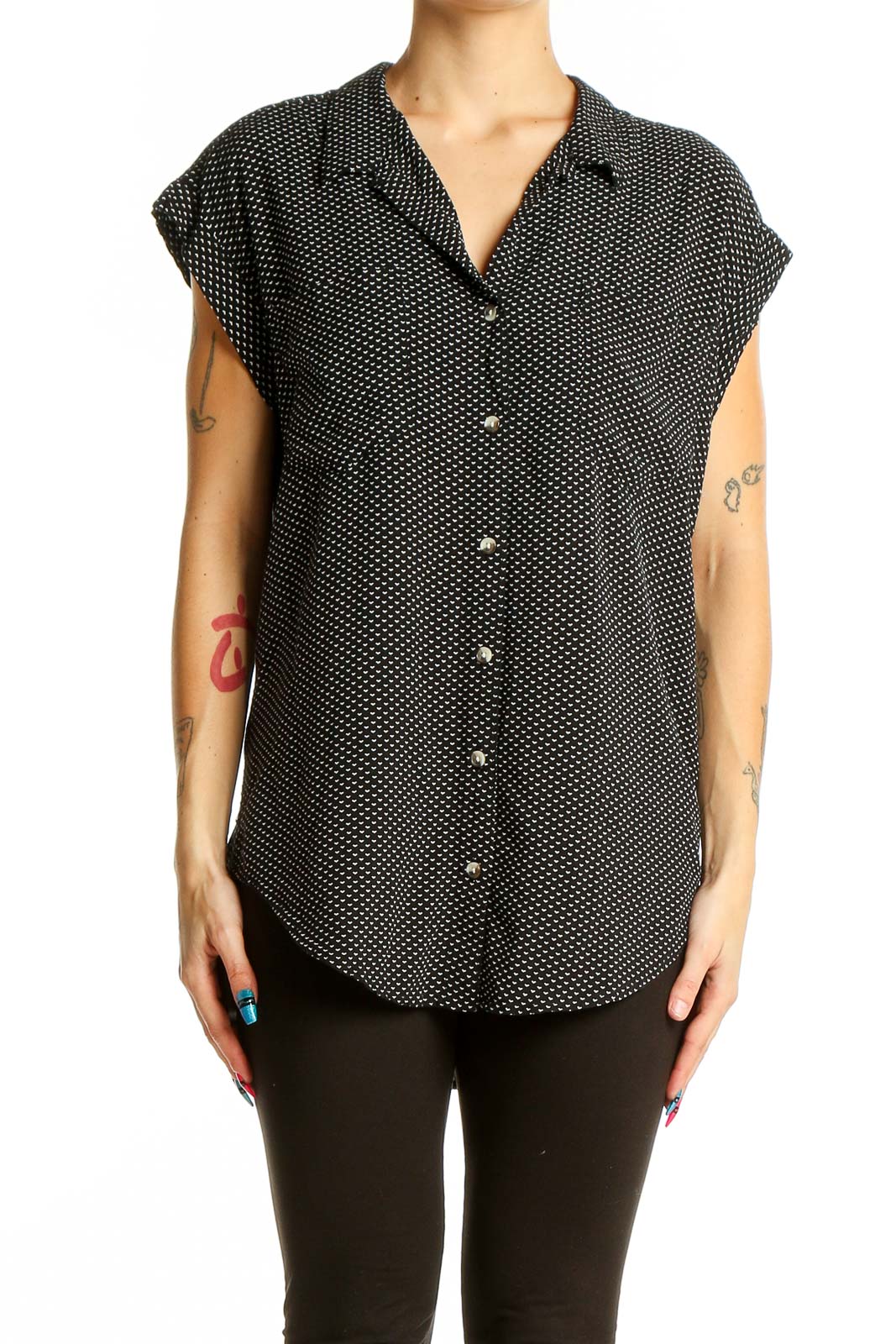 Black Polka Dot Button-Up Sleeveless Top Front