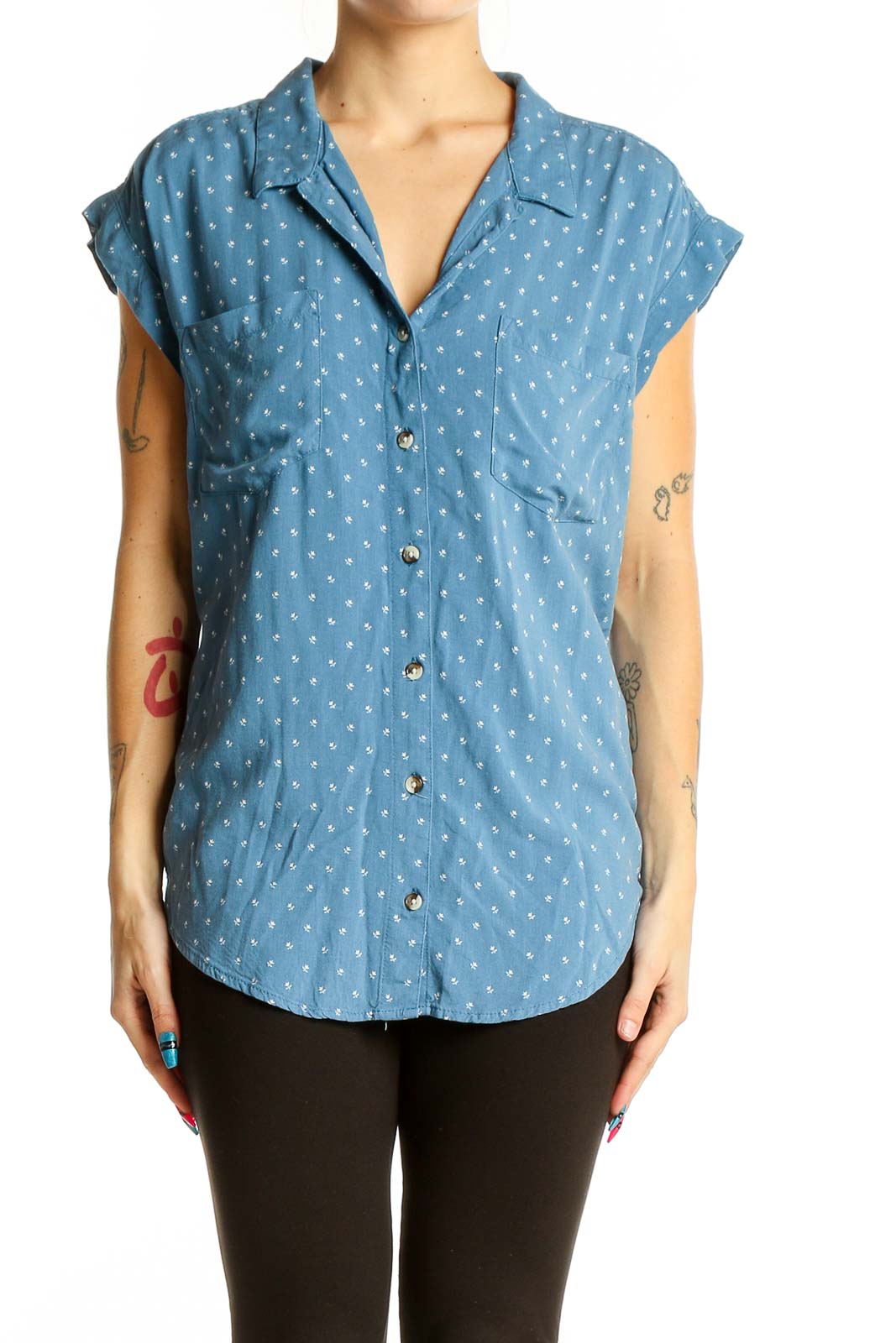 Blue Polka Dot Rayon Button-Up Blouse Front