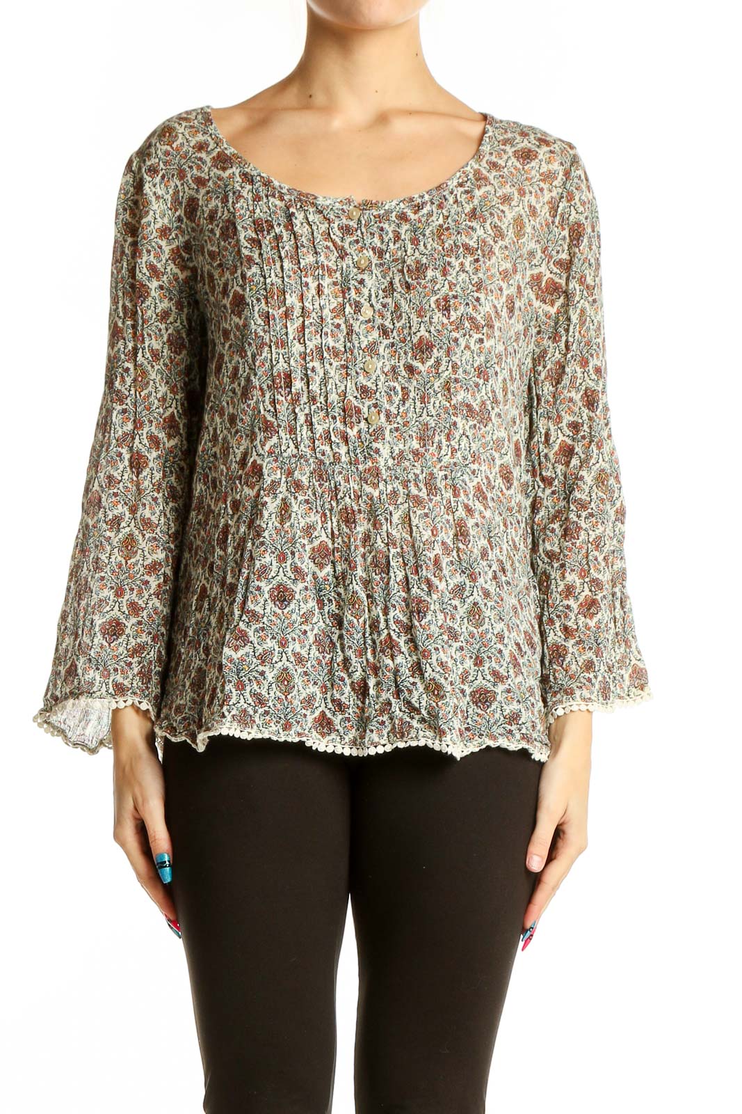Beige Floral Print Peasant Blouse Front